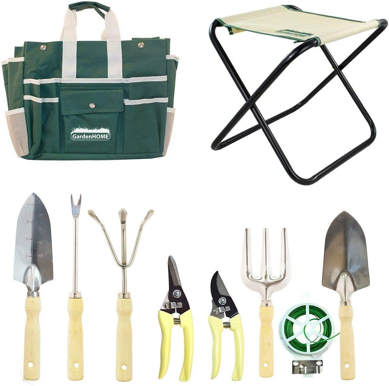 GardenHOME Set di Attrezzi da Giardino, 10 Pezzi Utensili da Giardino in Acciaio Inossidabile con Sgabello Pieghevole e Borsa