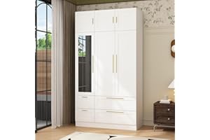 TAMUNE Wardrobe Closet with Mirror, 3 Door Wardrobe with Hanging Rod, 4 Drawers, Shelves, Modern Bedroom Armoire with Gold Handles, White Clothes Cabinet, 20.5”D x 47”W x 86.7”H