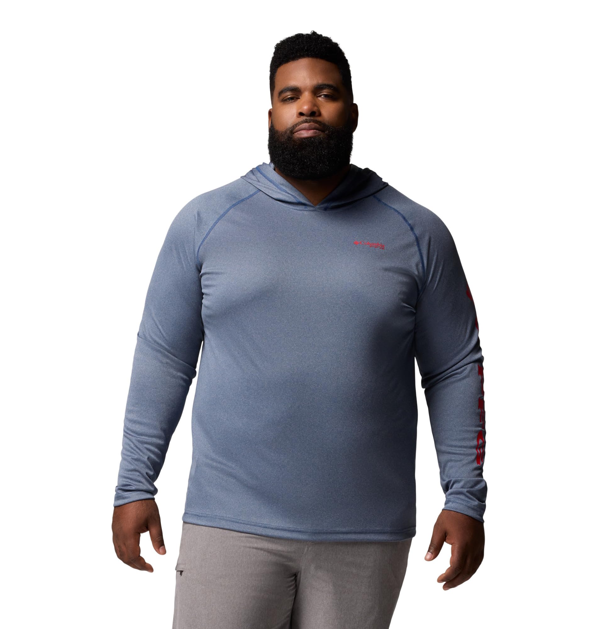 Columbia Mens PFG Terminal Tackle Long Sleeve Fishing Hoodie, Carbon Heather/Red Spark Logo, 5X Image