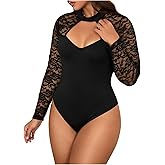 MakeMeChic Women's Plus Size Floral Lace Bodysuit Fall Mock Neck Long Sleeve Cut Out Tee Shirts Black 1XL