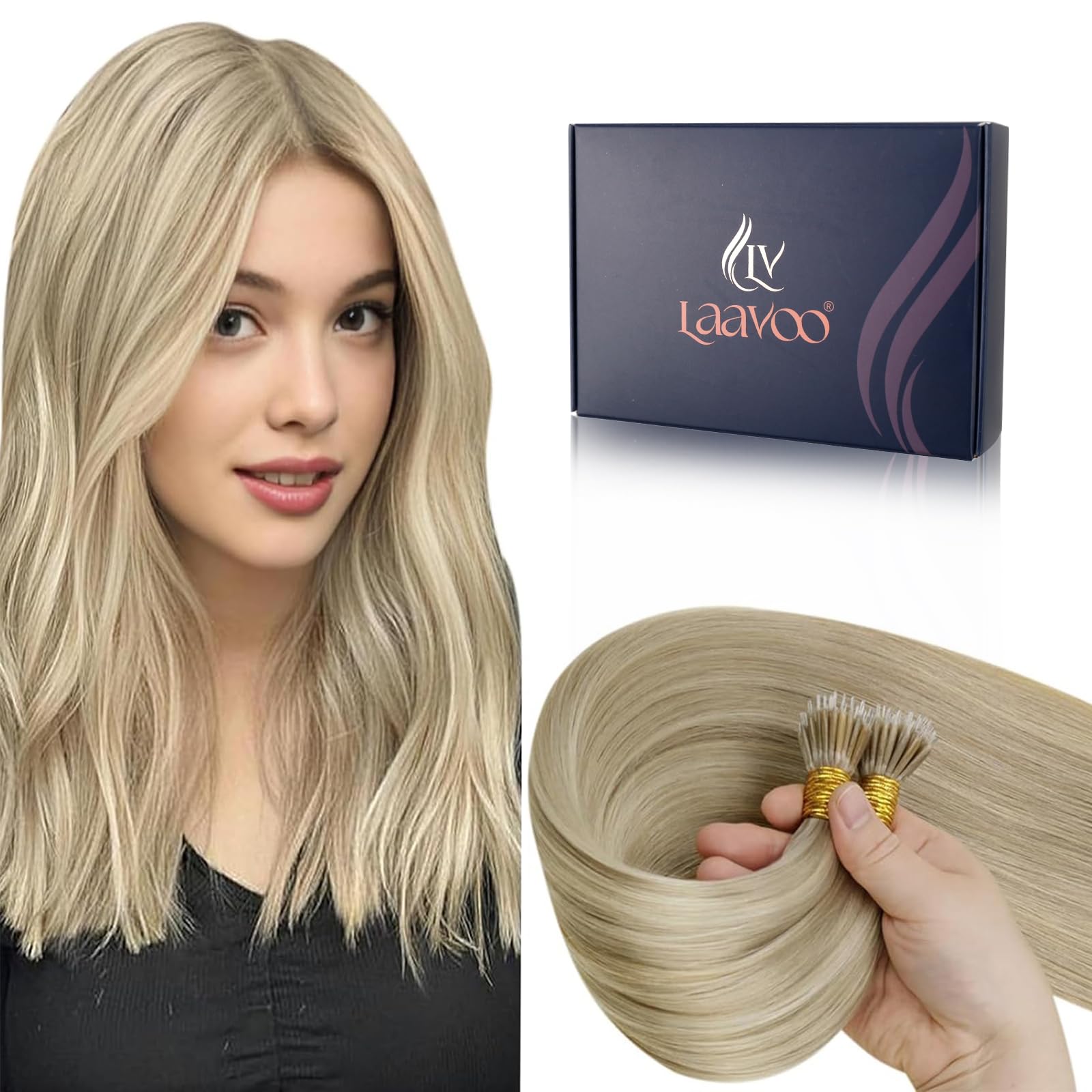 LaaVoo Nano Hair Extensions Real Human Hair Blonde Nano Beads Hair Extensions 16 Inch Highlight Golden Blonde Invisible Nano Ring Straight Remy Hair 50g 50s #16/22 — image 1