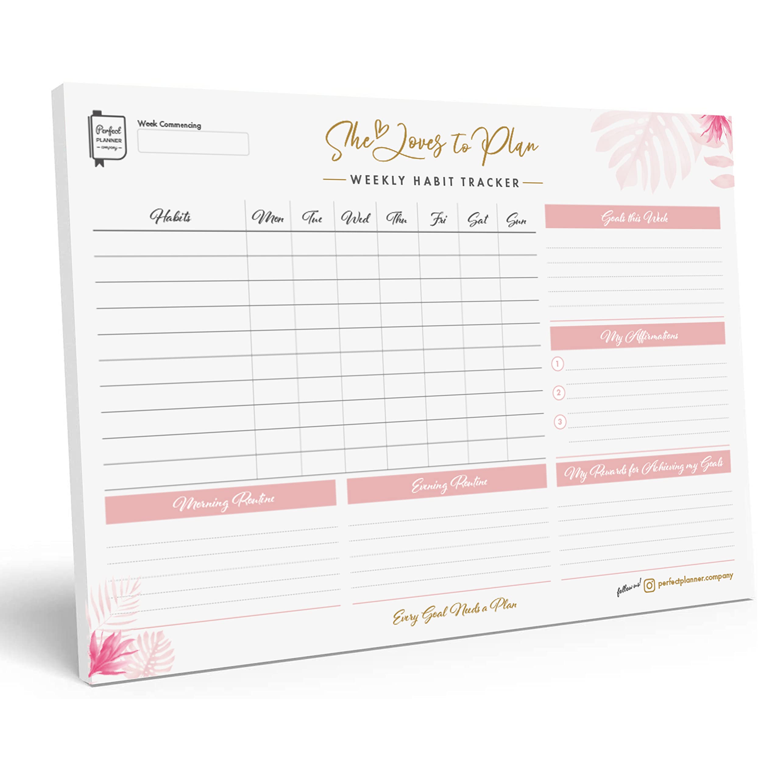 Perfect Planner Company - Weekly Habit Tracker Desk Pad - Undated A4 Planner - Tear Away Design - Weekly Morning & Evening Routines - Affirmations & Top Goals 90gsm FSC paper - 50 Pages