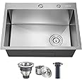 BIBKOK Kitchen Sink 24x18 Topmount Single Bowl Drop-in Sinks 304 Stainless Steel Handmade Home Bar Outdoor RV Sinks Brushed