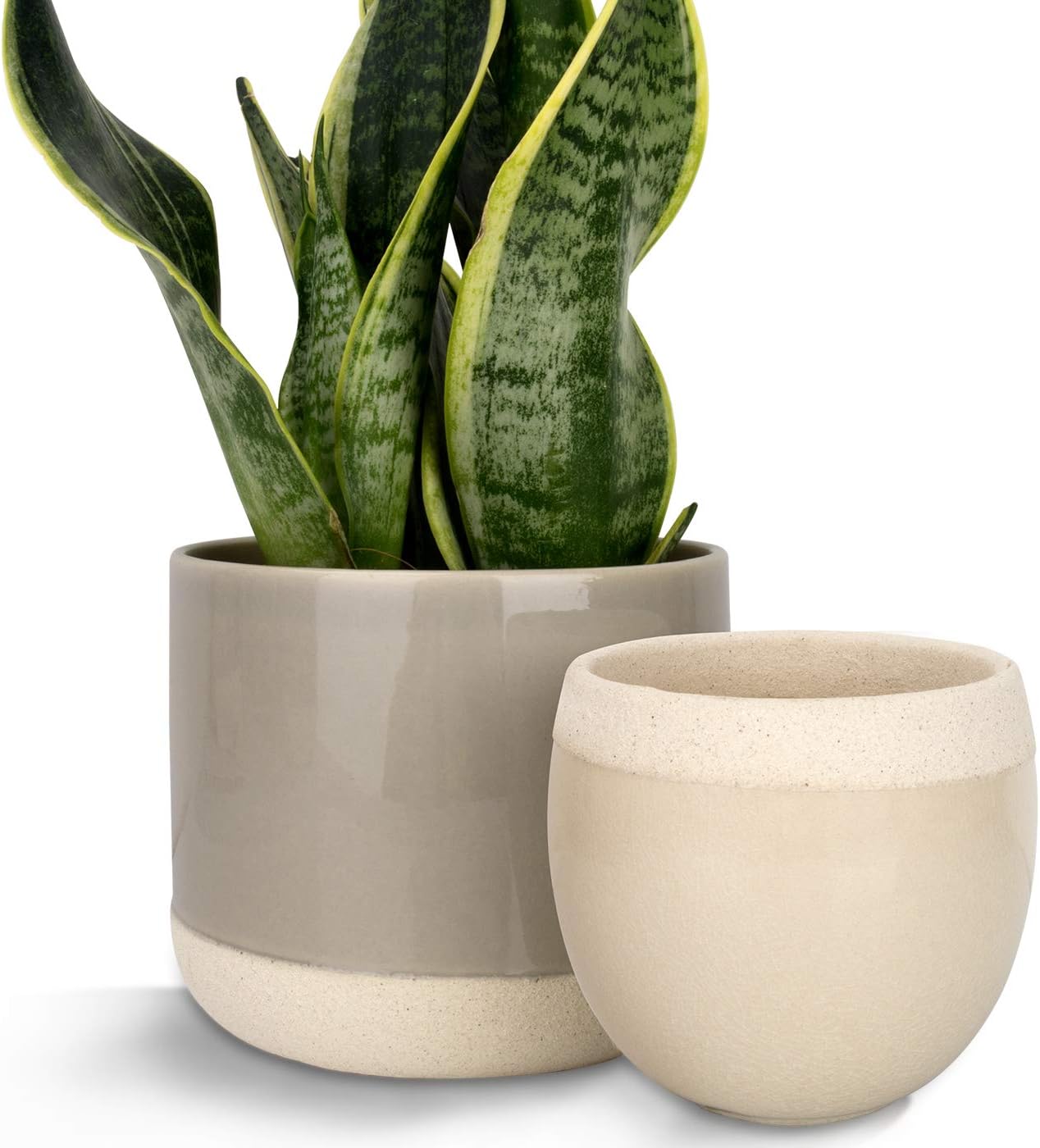 Ceramic Flower Plant Pots - 6.5 Inch Pack 2 Indoor Planters, Plant Containers with Beige and Cracked Detailing (Grey and Cream)