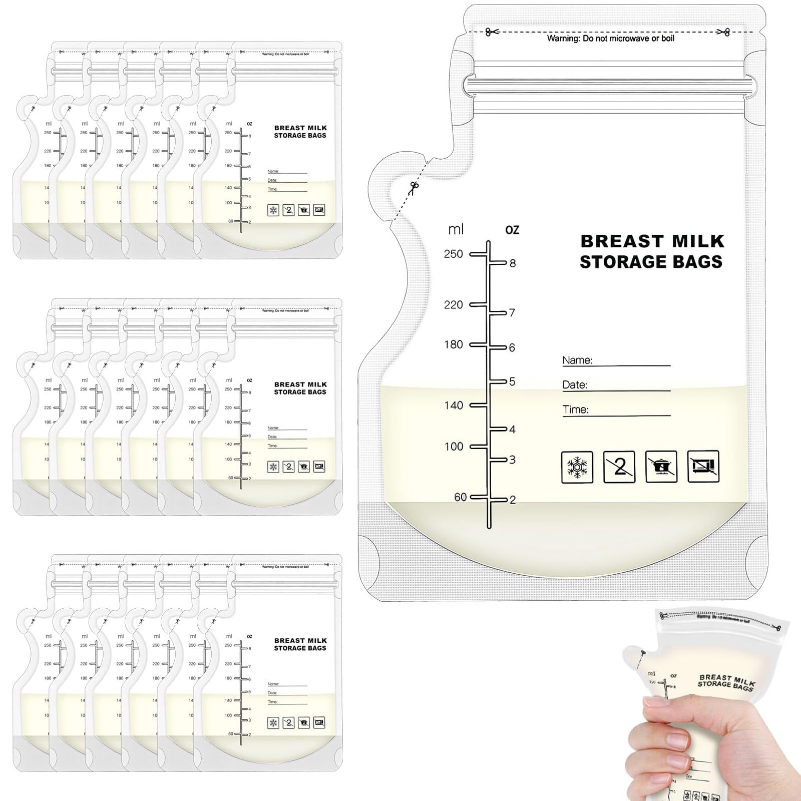 Breast Milk Storage Bag,30 Pcs 250ml Breast Milk Collection Pouches Easy Pour Breast Milk Storage Bag for Breastfeeding No-Leak Milk Freezer Storage Pouches for Breast Milk Storage