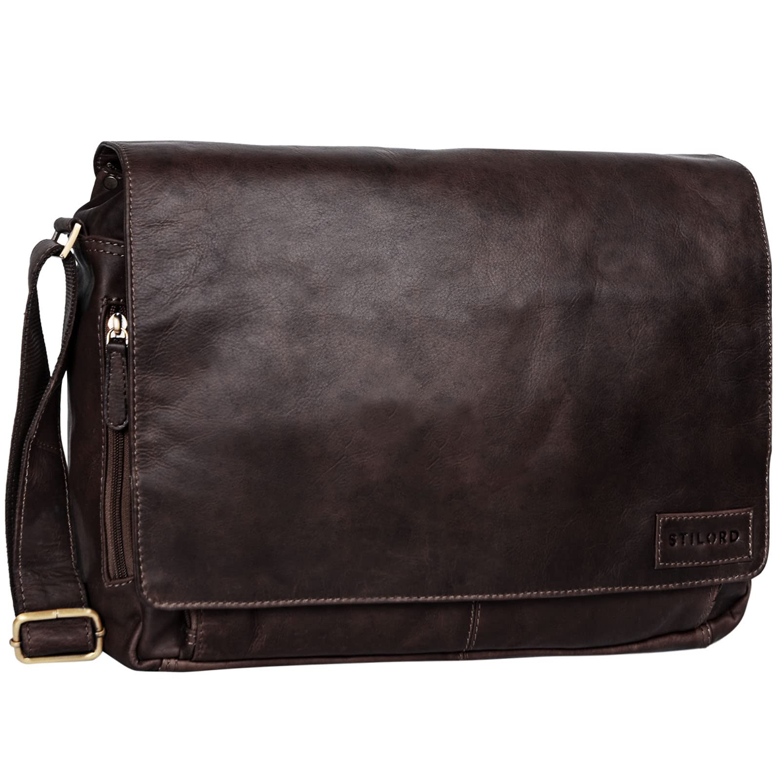 STILORD "Rick" Vintage Shoulder Bag Leather Satchel Bag Laptop Bag 15.6 inches Messenger Bag Genuine Buff-Leather Colour:Cognac Dark Brown