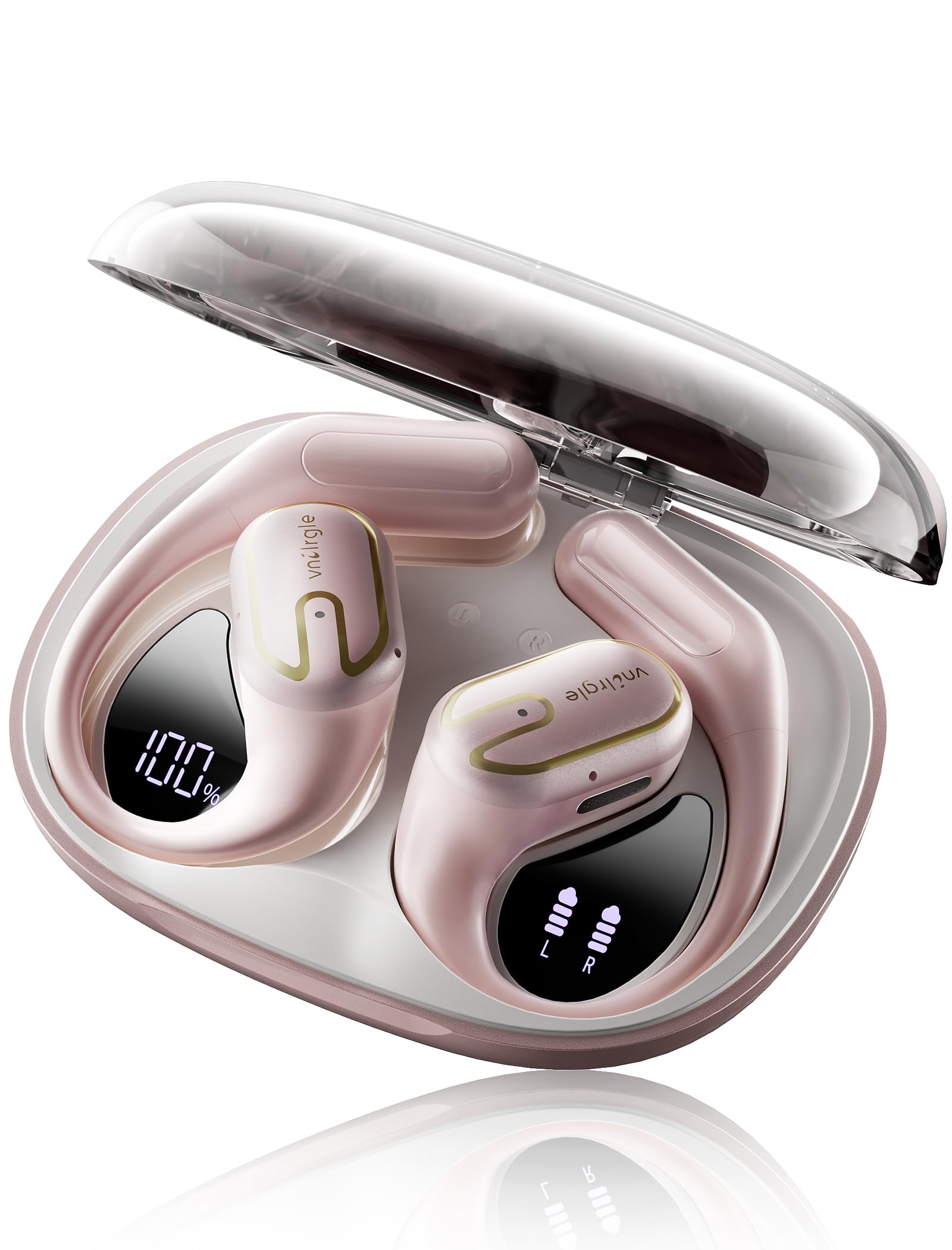 vnilrgle Open Ear Headphones 5.4 Bluetooth Sport Ear Buds with LED Digital Display IPX7 Waterproof, Wireless Earbuds Stereo Sound with 18.2mm Drivers (Pink) Image