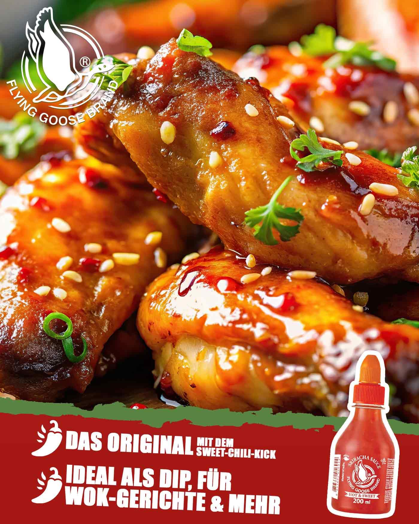 FLYING GOOSE Sriracha Chilisauce, scharf & süß, orange Kappe, scharfe Würzsauce aus Thailand, vegan, glutenfrei, 1 x 200 ml 3