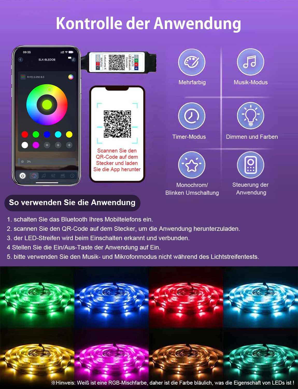 IKERY LED Streifen 20 m RGB lichtband, Bluetooth LED Strip, Selbstklebend, 16 Millionen Farben, Farbwechsel, Musiksynchronisation, Steuerung per App, geeignet für Innendekoration, Bars, Partys 7