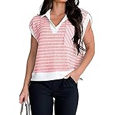 Evzeiem Women's Dressy Casual Tops Business Work Blouses White Striped Lapel Collar Shirts Cap Sleeve V Neck Tshirt