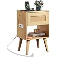 WLIVE Rattan Nightstand with Charging Station, Boho Night Stand, Small Bedroom Side Table, End Table with Drawer and Storage, Wood Bedside Tables for Bedroom, Small Spaces, Natural Oak