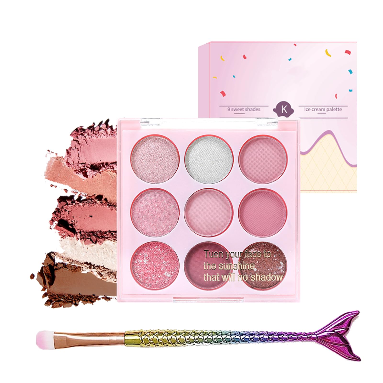 Pink Eyeshadow Palette Make-Up Palettes, Shimmer Eye Shadow Pallets for Women, Glitter Eyeshadow 9 Colour Nude Natural, Waterproof Long Lasting Highly Pigmented with Brush