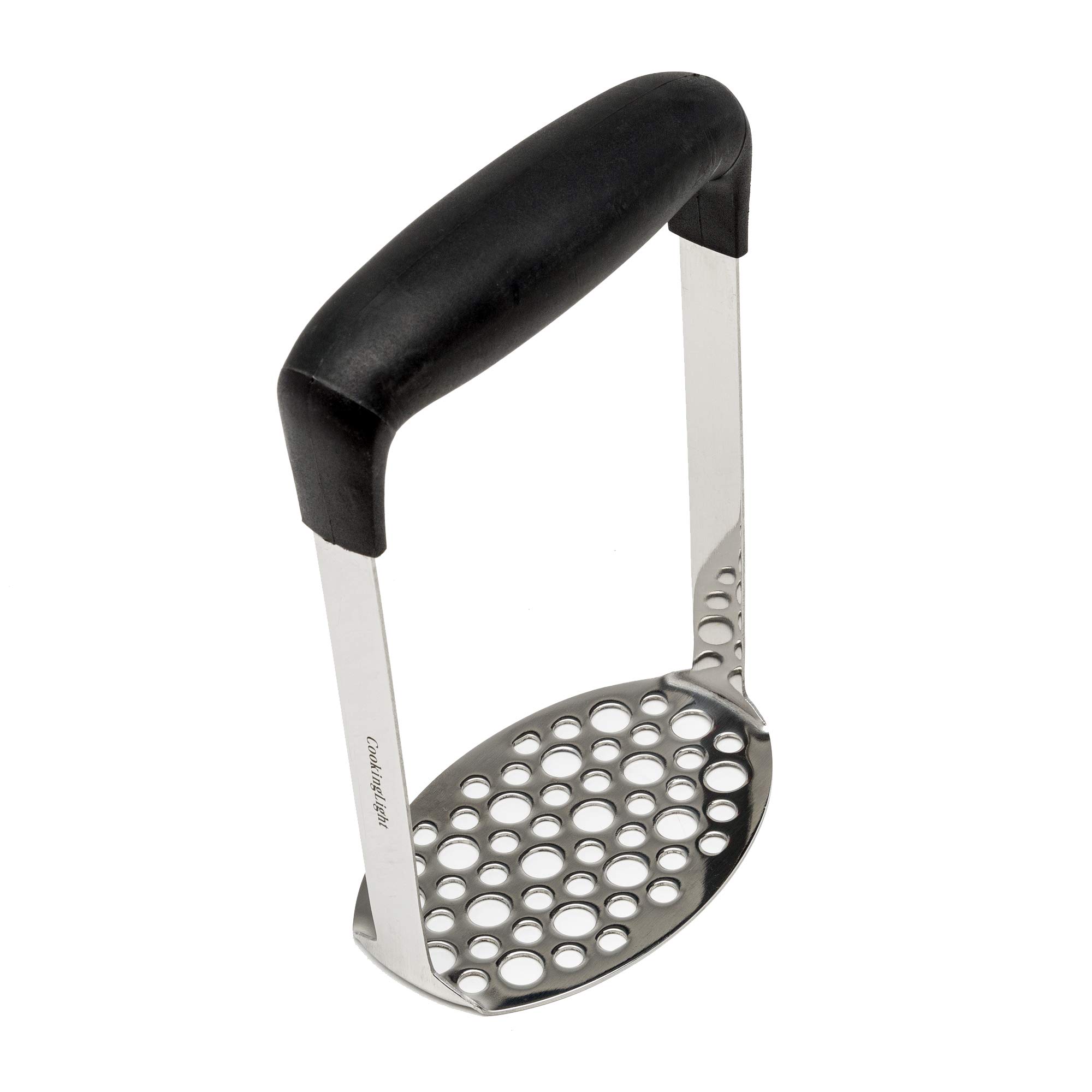 Cooking Light Heavy Duty Stainless Steel Masher, Broad and Ergonomic Horizontal, Fine Plate for Smooth Mashed Potatoes, Soft Grip and Non-Slip Handle, Black