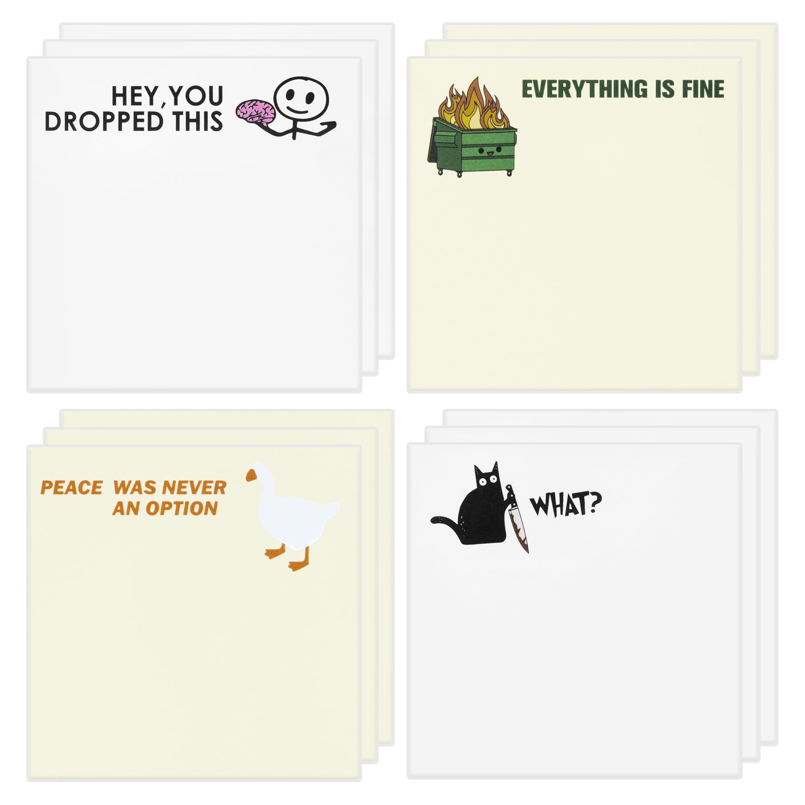 Photo 1 of 12 Packs Funny Meme Sticky Notes Goose with Knife Dumpster Fire Everthing Is Fine Self-Stick Writing Memo Pads Office School Stationery Supplies Desk Accessories Bookish Gag Gift for Students Coworker