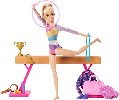Tú Puedes ser Muñeca Gimnasta Rubia con Set de Juego, Barra de Equilibrio y Accesorios de Gimnasia, Juguete +3 años (Mattel HRG52)