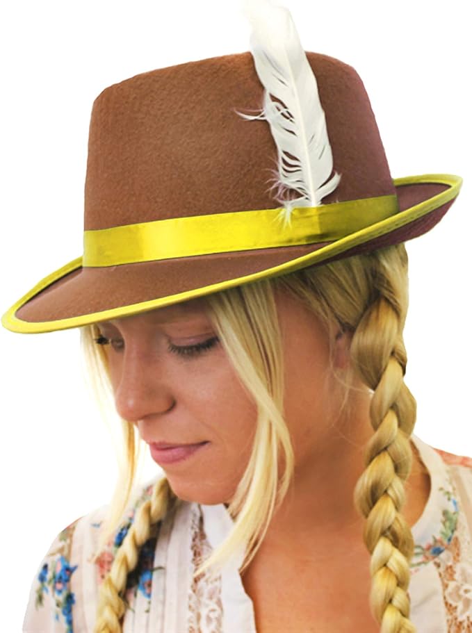 ILOVEFANCYDRESS BAVARIAN TYROLEAN HAT BROWN WITH WHITE FEATHER YELLOW