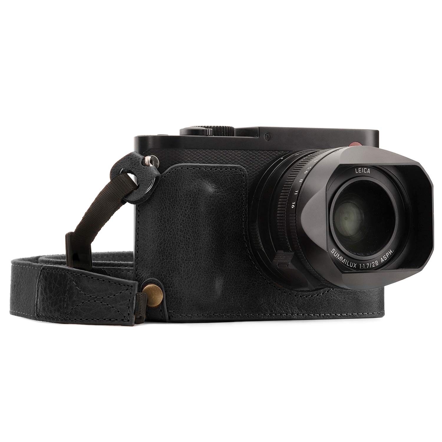 MegaGear MG1400 Leica Q-P, Q (Typ 116) Genuine Leather Camera Half Case and Strap - Black