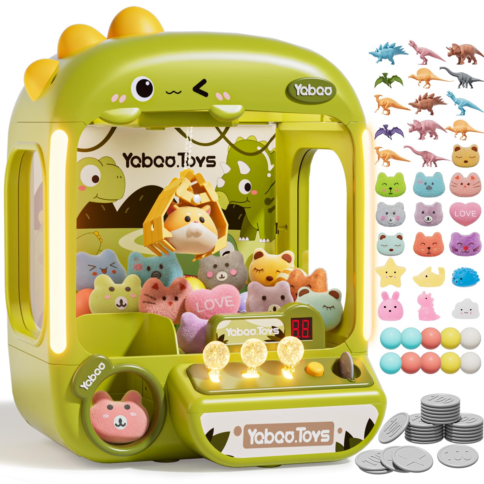 MEWOCHEE 64 PCS Large Claw Machine for Kids Dinosaur, Claw Machine Toys with Sound Lights, Birthday Party Gift for 3 4 5 6 Year Old Boys Girls, Candy and Prize Electronic Dispenser Game Ages 3-4 4-8
