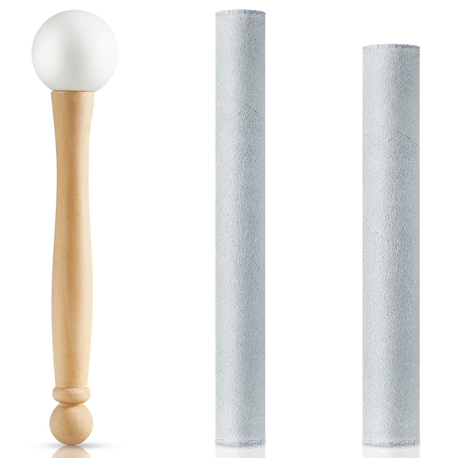 Photo 1 of Nuanchu 3 Pieces Crystal Singing Bowl Mallet Set, Include Thick Suede Striker Solid and Hollow Sound Bowl Stick, Crystal Singing Bowl Rubber Mallet with Wood Handle for Playing Bowl(Silver)