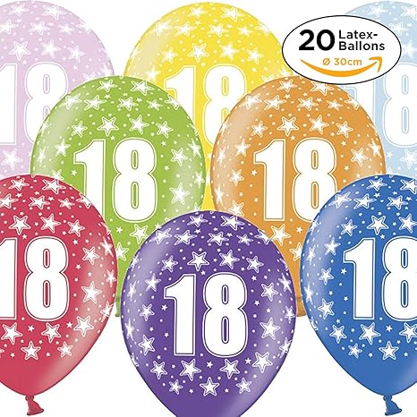 20 Luftballons zum 18. Geburtstag in bunten Metallic-Farben - Ballons mit Zahl für Luft & Helium in Top-Qualität ø30cm - Part