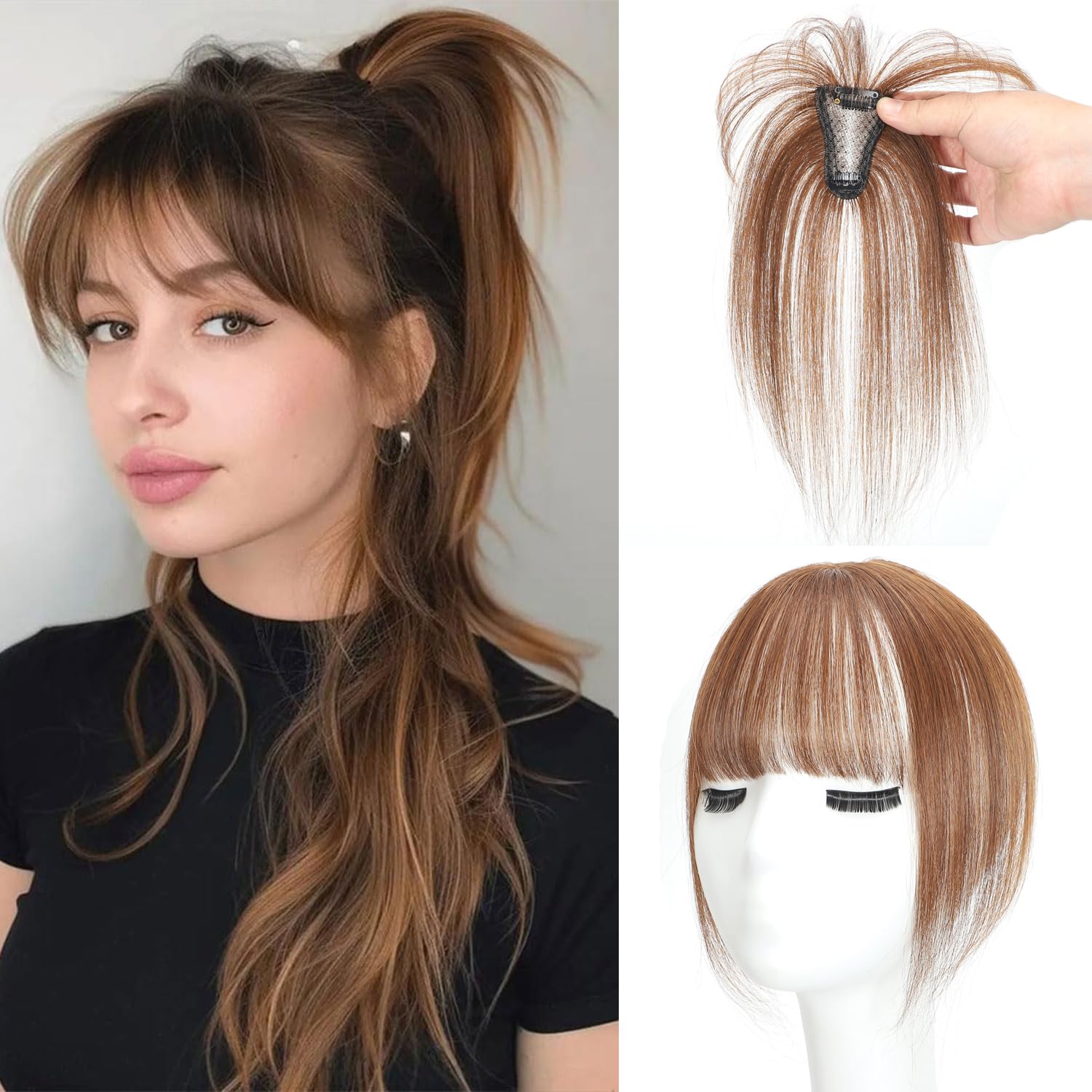 Clip In Fringe 100% Real Human Hair Bangs Hair Clip Thin Bangs On Hairpiece On Air Bangs With Temple Wispy Bangs Hair Extensions for women (Light Brown, 3D Wispy Fringe) — image 1