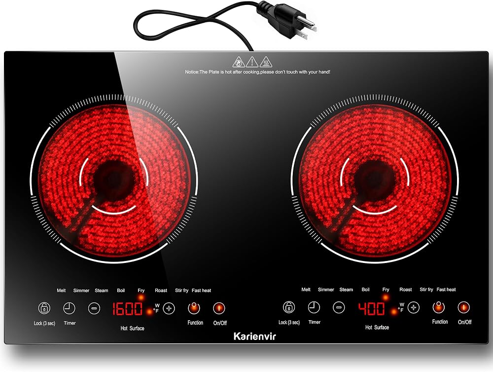 Karienvir 2 Burner Electric Cooktop 110V, 2000W, 24" Countertop & Built-in | 22.4" x 12.6" Built in Size, 8 Cooking Modes, To