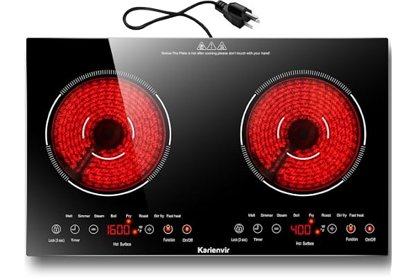 Karienvir 2 Burner Electric Cooktop 110v, 2000W Electric Stove Top 24 Inch | Plug-in Electrics Cooktop Two Burner, 8 Power Levels & 8 Functions, Countertop & Built-in, Touch Control, Safety Lock, Timer