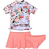 Cadocado Girls Swimsuit Rash Guard Girls' Swimwear Short Sleeve Bathing Suit 3 Pieces Kids Floral Swim Set with Skirt