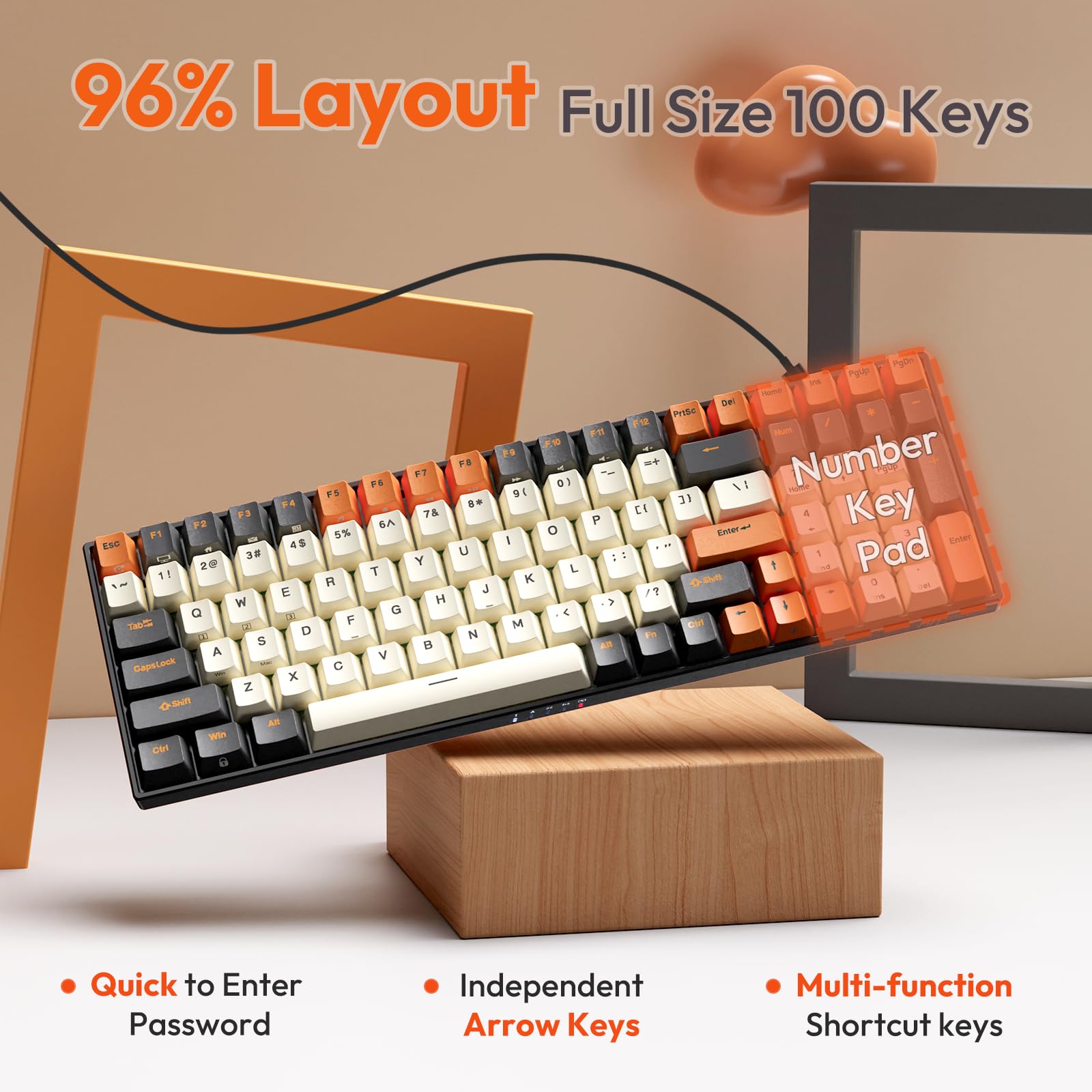 RK ROYAL KLUDGE RK100 Wireless Mechanical Keyboard RGB Backlit Bluetooth5.1/2.4G/Wired 96% Full Size 100-Key Hot Swappable Gaming Keyboard Blue Switch Carbon