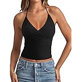 REORIA Women's Basic Cross Wrap V Neck Backless Double Lined Halter Tank Tops Cute Summer Trendy Sleeveless Shirts