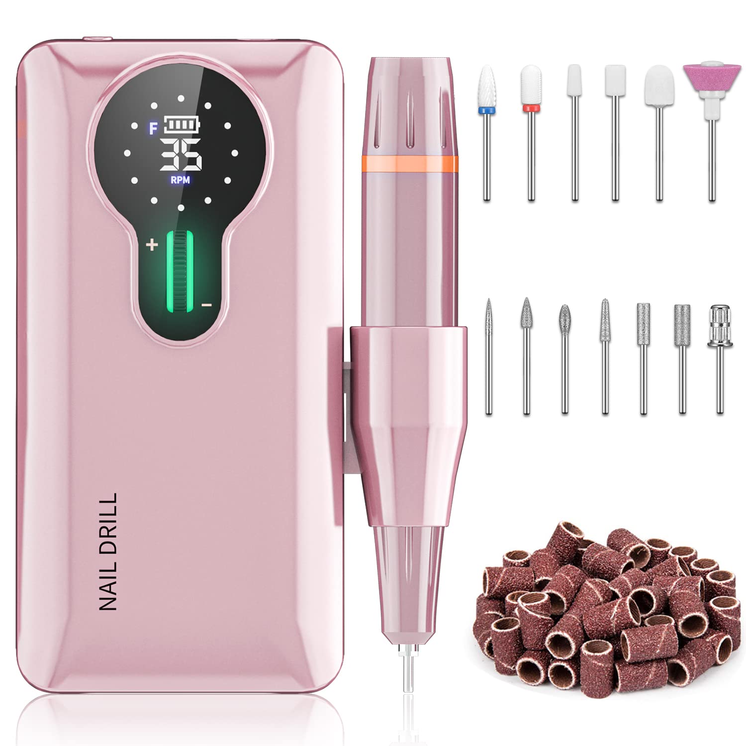ENGERWALL Professional Rechargeable Nail Drill 35000RPM, 20H Long Battery Life Cordless Electric Nail File for Acrylic & Gel Nails, Portable E-File Kit with 7 Bits & 56 Sanding Bands, Pink (Pro) — image 1