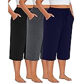 Neer 3 Pack Women's Plus Size Cotton Capris, Stretchy Wide Leg Cropped Pants with Pockets Loose Lounge Pajama Sweatpants