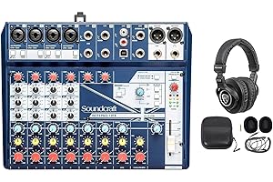 Soundcraft Notepad-12FX 12-Channel Mixer w/ 4x4 USB Interface with Lexicon Effects Bundle with Rockville PRO-M50 Studio Headphones w/Detachable Coil Cable, Case with Extra Ear Pad