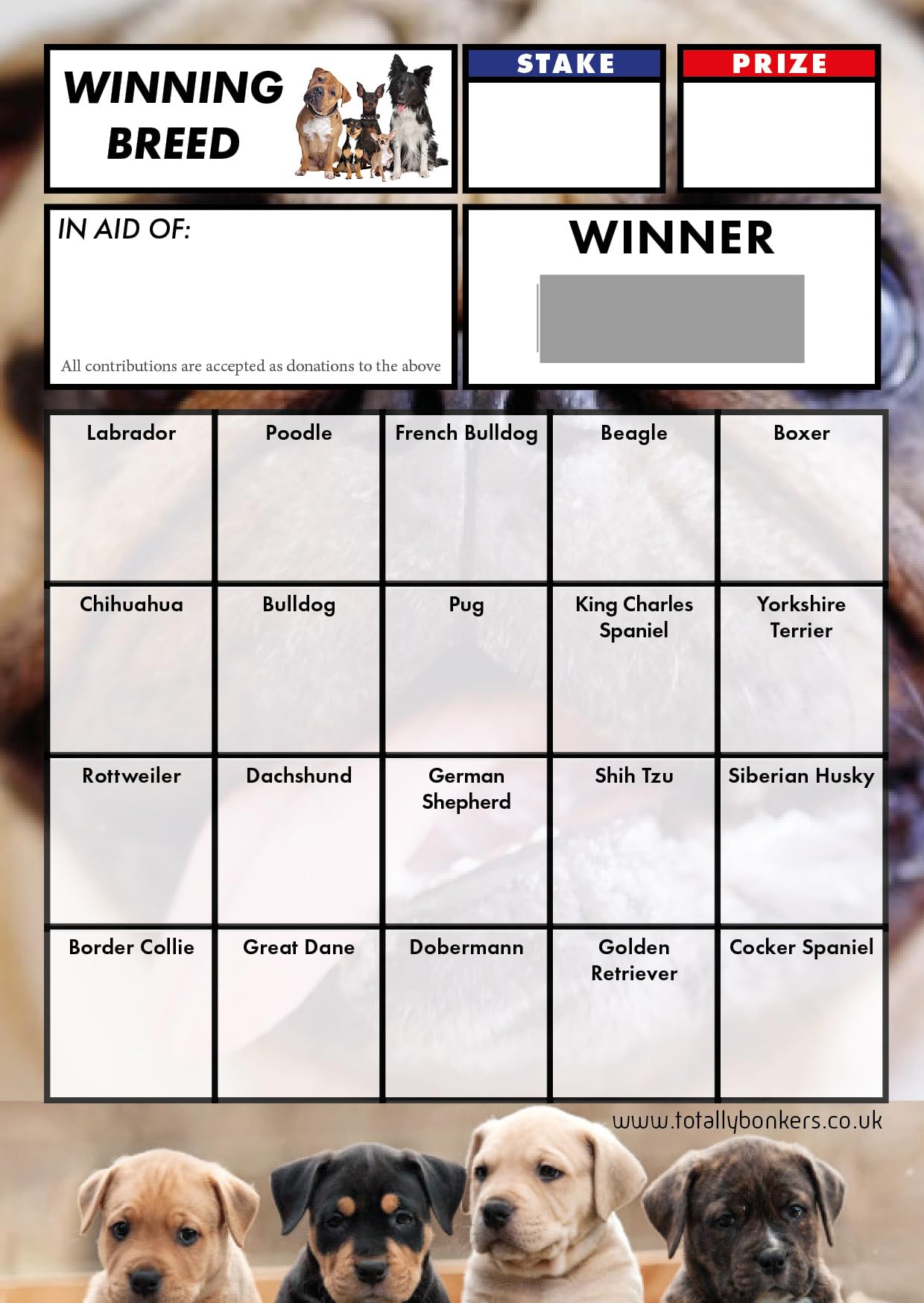 Totally Bonkers - Dog Breed Fundraising Scratch Cards - 20 SQUARE - A6 (148x105mm) -10 Pack - TB0030 - Blind Card