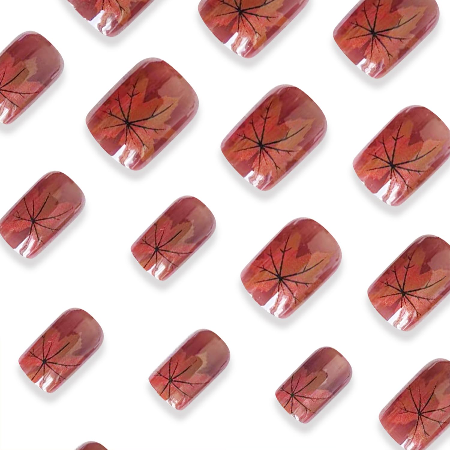 Tyuimhx Fall Maple Leaf Press on Nails Short Square Fake Nails With Designs Thanksgiving False Nails Full Cover Stick on Nails Acrylic Autumn Maple Leaves Artificial Nails for Women 24 Pcs - Image 3