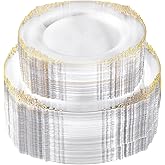 Bestluck 200 PCS Clear and Gold Plastic Plates for 100 Guests, Elegant Clear Disposable Plates with Gold Trim, Include 100 PCS Dinner Plates, 100 PCS Dessert Plates for Party, Birthday and Graduation