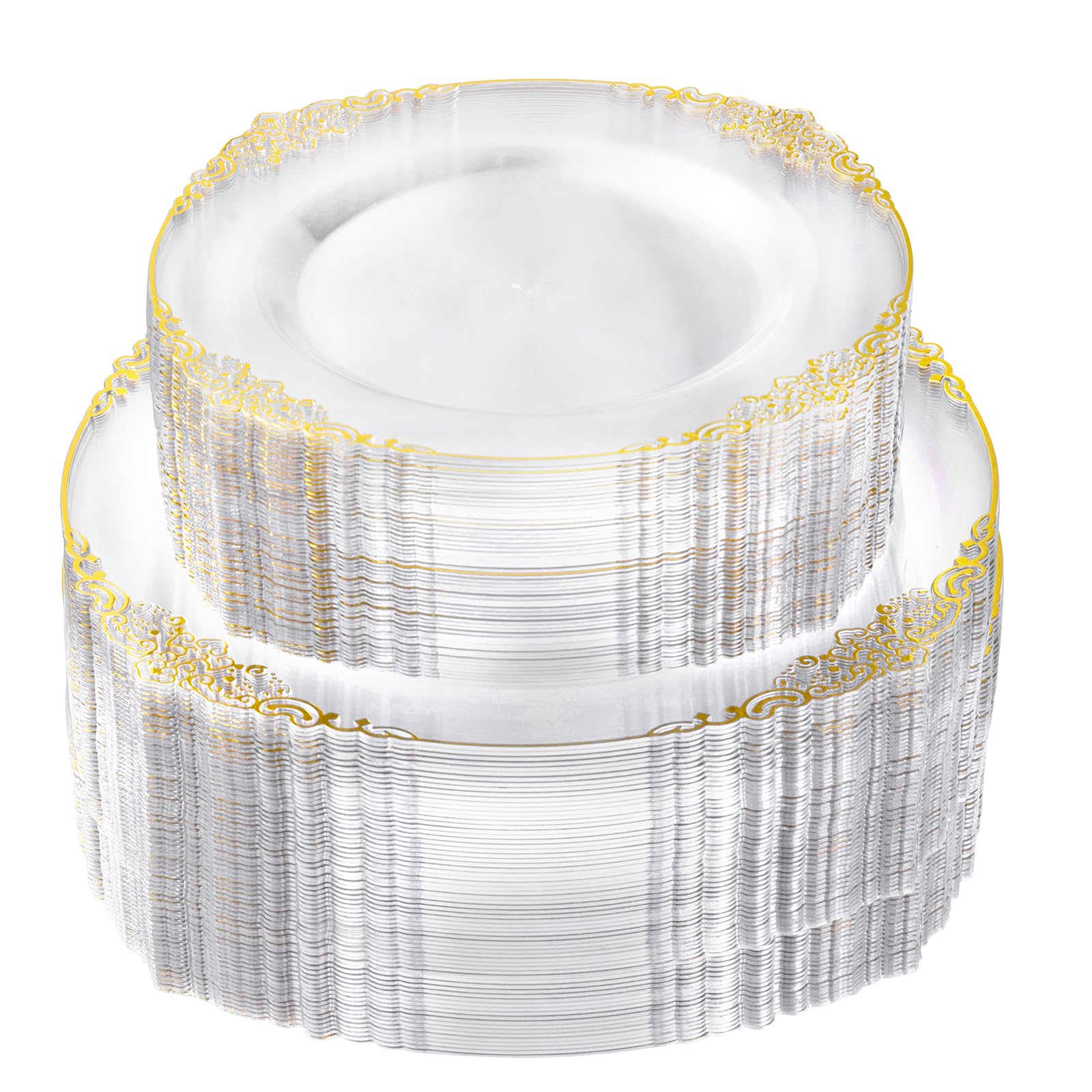 Photo 1 of ****MISSING PIECES***
200 PCS Clear and Gold Plastic Plates for 100 Guests, Elegant Clear Disposable Plates with Gold Trim, Include 100 PCS Dinner Plates, 100 PCS Dessert Plates for Party, Birthday and Graduation