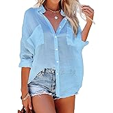 Bsubseach Button Down Swim Cover Up Shirt Sexy Long Sleeve Beach Blouse Bathing Suit Cover Ups for Women