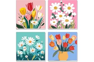 MXJSUA 4 Pack Flowers Paint by Numbers Kit with Framed Canvas for Ages 6-12 Kids, DIY Paint by Numbers Kits for Children Begi