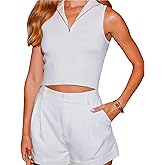 Women's Sleeveless Tank Tops Zipper V-Neck Halter Double Lined Girls Casual Basic Crop Tops