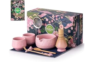 Buucup Matcha Whisk Set, 10 Pcs Matcha Set Includes Matcha Bowl, 2 Cups, Matcha Whisk and Holder, Bamboo Scoop and Spoon, Scoop Rest, Sifter and Tea Towel, Complete Matcha Kit (Pink)