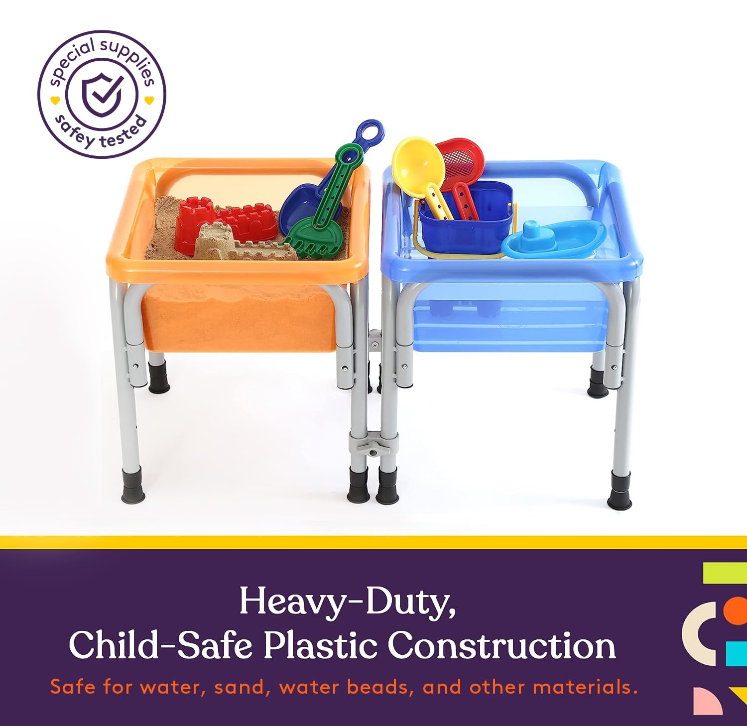 Special Supplies Sensory Activity Table for Kids and Toddlers -with Plastic Buckets and Beach Toys for Interactive Learning - Water, Sand, and STEM Play (Two Buckets - Orange + Blue)