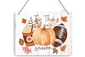 KROLLMA Fall Decor,Tis The Season Fall Pumpkin Wall Art Decor,Rustic Thanksgiving Harvest Autumn Leaves Hanging Sign,Football Farmhouse Wall Hanging Decoration Coffee Wooden Sign for Home Porch Indoor Cafe