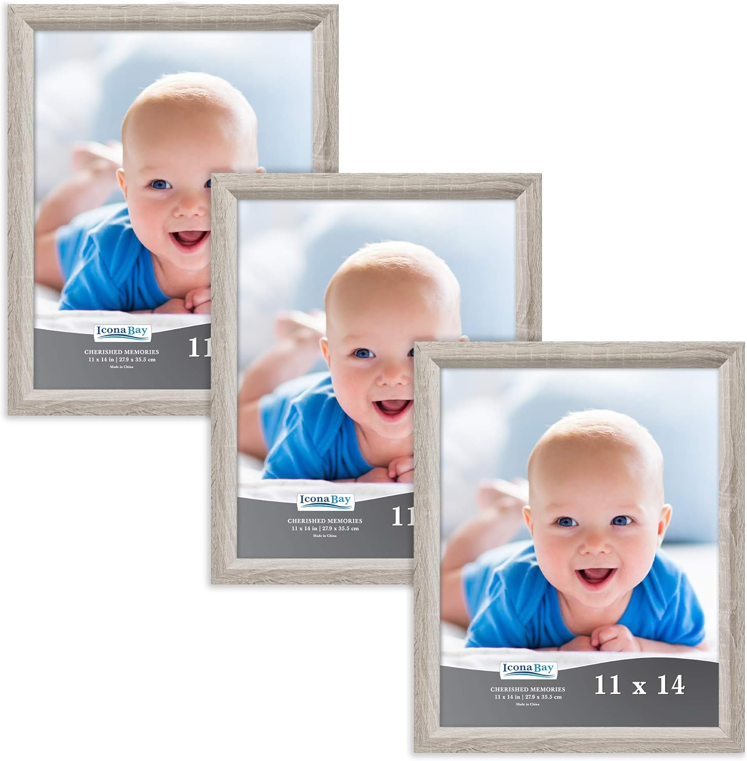 Icona Bay 11X14 Picture Frame (Heritage Gray Wood Finish, 3 Pack), Traditional Style Composite Wood Frame for Walls or Tables, Cherished Memories Collection