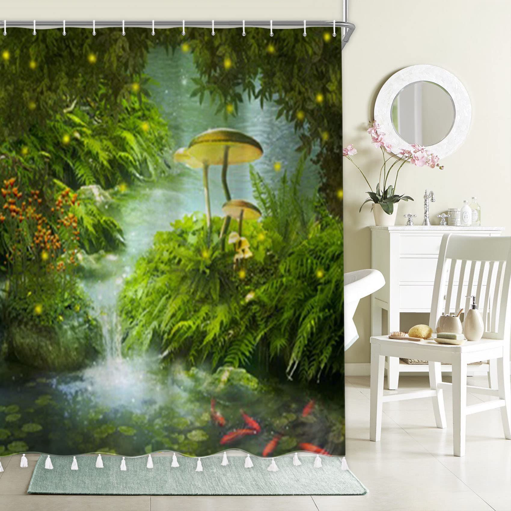 Bovlleetd River Shower Curtain with Tassel Natural Scenery Green Plants Lotus Leaf Stone Big Mushroom Shower Curtain Waterproof Bathroom Partition Decorative Curtain Beautiful Art Curtain 71x71inch — image 1