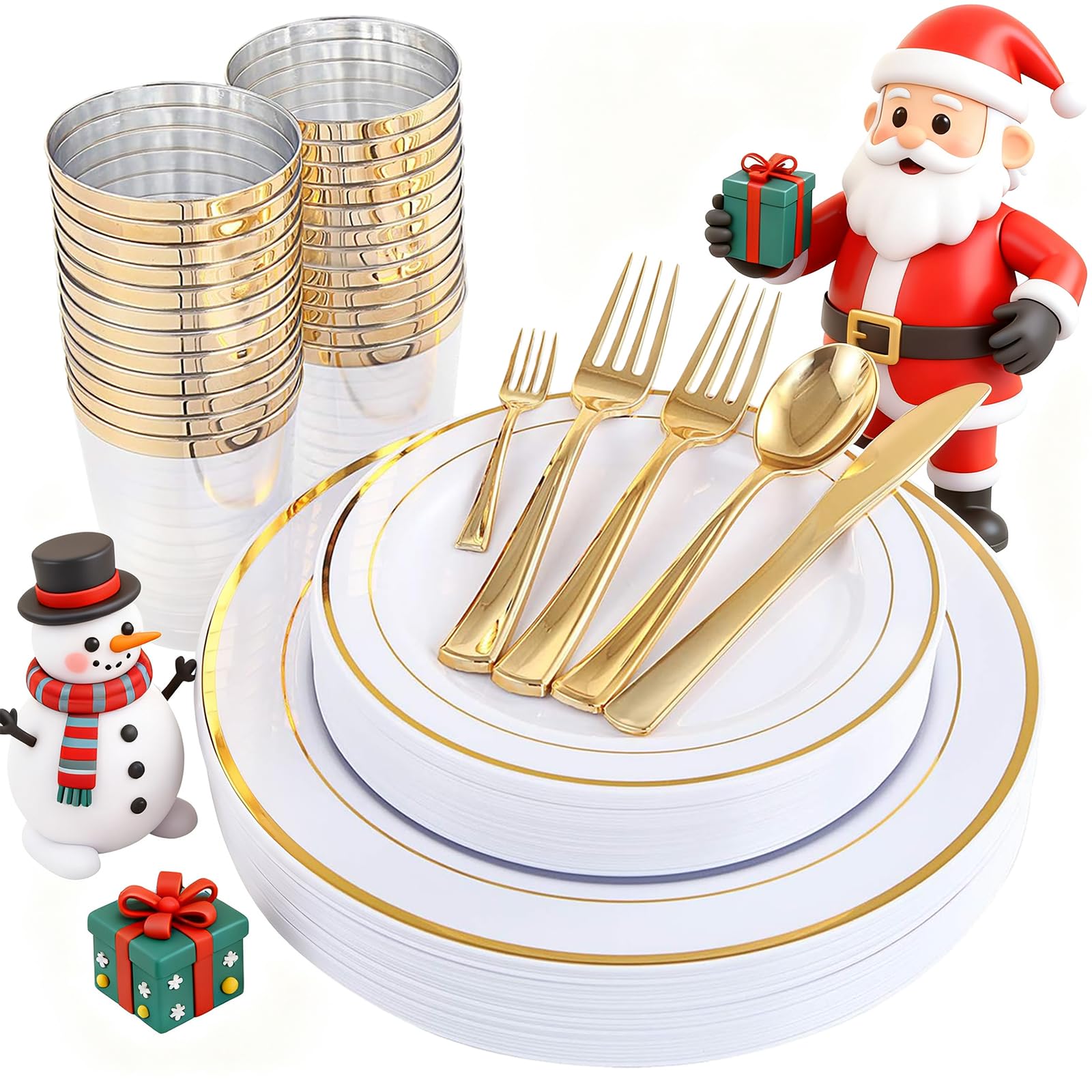 Photo 1 of ***MISSING PLATES & KNIVES*** WDF 25Guest Gold Plastic Plates - Heavy Duty Christmas Plastic Plates Dinnerware - Include 25 Dinner Plate 25 Salad Plates 50 Forks 25 Knives 25 Spoons 25 Cups 25 Mini Forks for Christmas/Weddiing