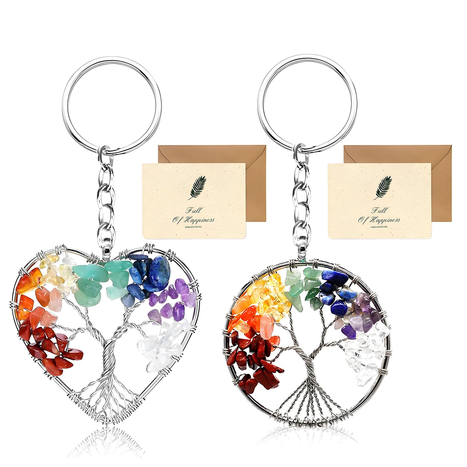 Tree of Life Keyring 2pcs, Beautiful Shape 7 Chakra Healing Crystal Tree of Life keychain Gemstone Lucky Pendant Keyrings with 2 Cards for Couple Lover Mother and Friends (Heart-shaped circle)
