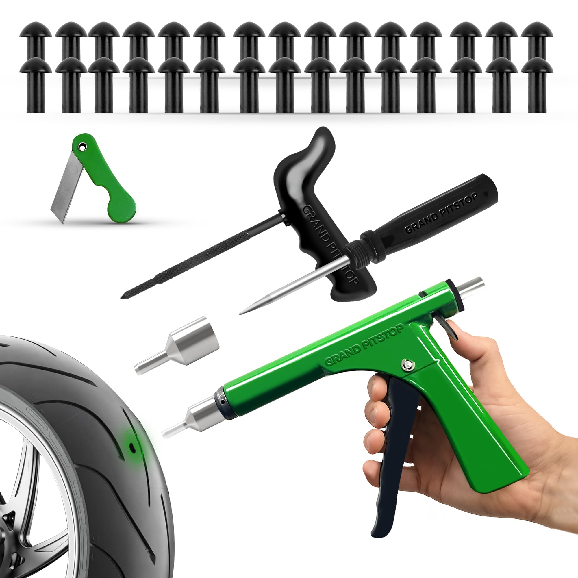 GRAND PITSTOP 36 Pcs Tubeless Tire Gun Puncture Repair Kit with Mushroom Plug for Tyre Punctures and Flats on Cars, Motorcycles, ATV, Trucks & Tractors (30 Mushroom Plugs)