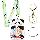 NEWEST Cute Panda ID Badge Holders with Lanyard Keychain Key Ring, PU Leather Luggage Tag for Suitcase with Metal Loop, Lovely Animal ID Card Name Tag Identifier for Nurse Teacher Student Staff