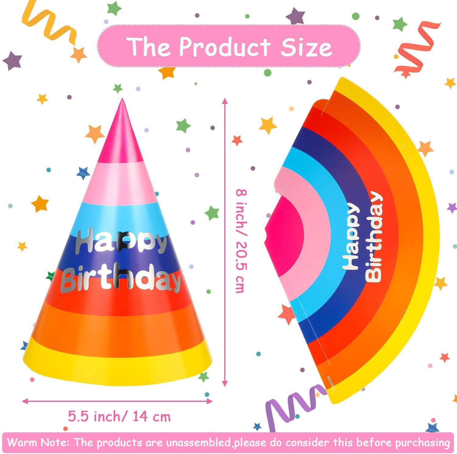 20 Pieces Rainbow Birthday Party Hats Fun Party Cone Hats Birthday Paper Hats Art Craft Caps Party Supplies for Kids Adults: Toys & Games